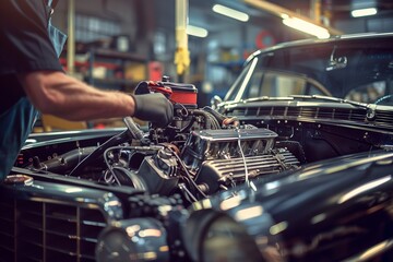 Dedicated auto mechanic fine-tuning a classic car's engine for optimum performance. The image depicts a blend of traditional craftsmanship and modern technology in a pristine, well-lit garage setting. - obrazy, fototapety, plakaty