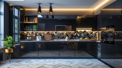 Chic high-tech kitchen in black, glossy finish, mood lighting, smart gadgets, and geometric tiles - obrazy, fototapety, plakaty