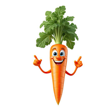 3D tiny cartoon character of carrot with eyes, arms, legs on white transparent background. promote healthy kid's eating, nutrition education, children's books, fun mascot to sell vegetables