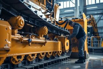 Dedicated mechanic inspecting the track and undercarriage of a bulldozer in a brightly lit, modern service bay. - obrazy, fototapety, plakaty