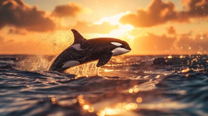 orca jumps out of the ocean against the background of the sunset