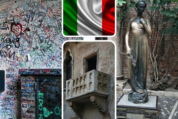 Bronze statue of Juliet and balcony by Juliet house, Verona, Italy.