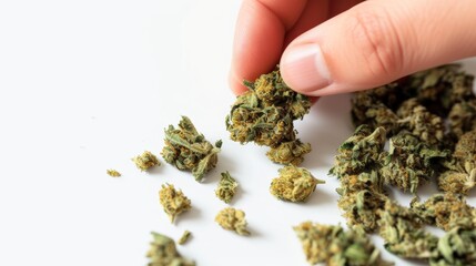 Close-up view of dried cannabis flower bud and a hand