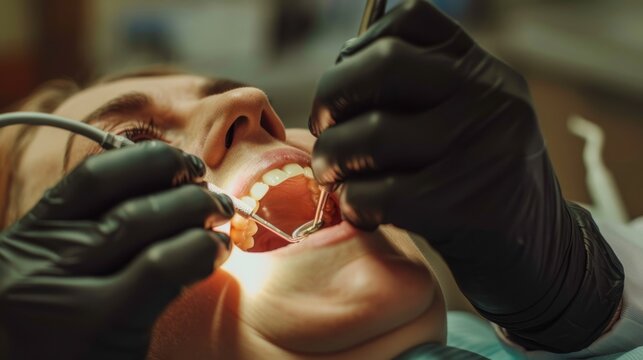 View into a mouth in which a dentist wearing black rubber gloves is carrying out a prophylactic treatment on a patient
