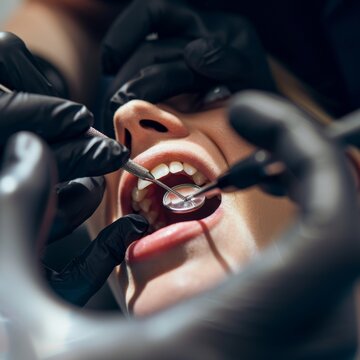 View into a mouth in which a dentist wearing black rubber gloves is carrying out a prophylactic treatment on a patient
