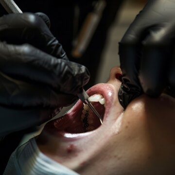 View into a mouth in which a dentist wearing black rubber gloves is carrying out a prophylactic treatment on a patient
