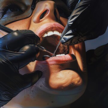 View into a mouth in which a dentist wearing black rubber gloves is carrying out a prophylactic treatment on a patient
