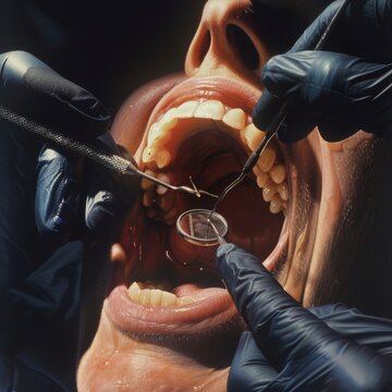 View into a mouth in which a dentist wearing black rubber gloves is carrying out a prophylactic treatment on a patient
