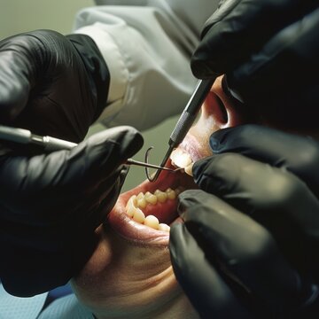 View into a mouth in which a dentist wearing black rubber gloves is carrying out a prophylactic treatment on a patient
