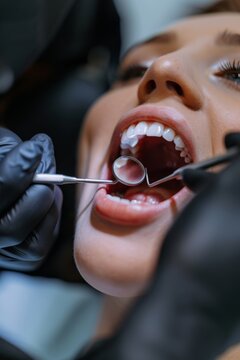 View into a mouth in which a dentist wearing black rubber gloves is carrying out a prophylactic treatment on a patient
