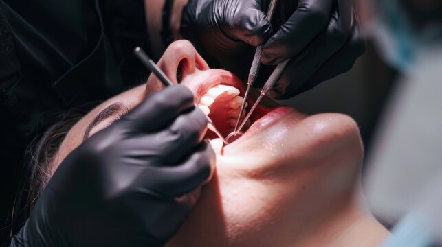 View into a mouth in which a dentist wearing black rubber gloves is carrying out a prophylactic treatment on a patient
