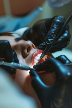 View into a mouth in which a dentist wearing black rubber gloves is carrying out a prophylactic treatment on a patient
