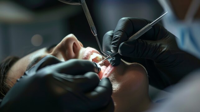View into a mouth in which a dentist wearing black rubber gloves is carrying out a prophylactic treatment on a patient
