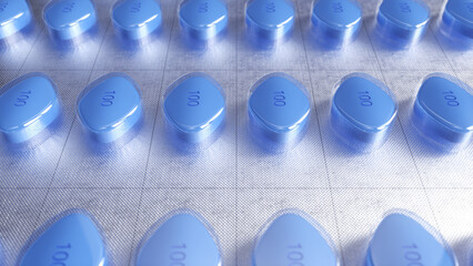 Blue medicine pill production line, Industrial pharmaceutical.