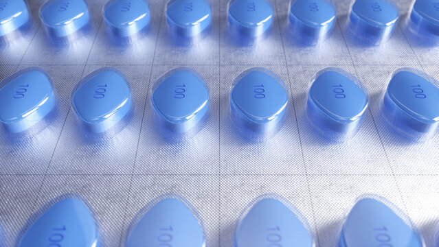 Blue medicine pill production line, Industrial pharmaceutical.