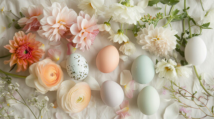 Obraz na płótnie Canvas Easter eggs with flowers on a pastel background