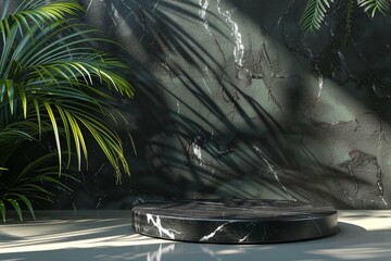 Round black marble podium and palm leaf, Abstract minimal geometric background, Aesthetic summer dais and shadows on the wall, 3D Modern design for product showcase - obrazy, fototapety, plakaty