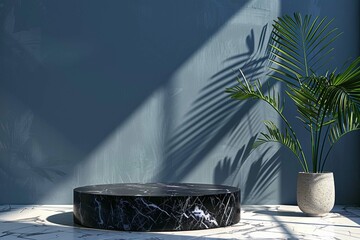 Round black marble podium and palm leaf, Abstract minimal geometric background, Aesthetic summer dais and shadows on the wall, 3D Modern design for product showcase