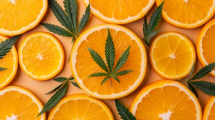 Cannabis leaf on orange slice background - obrazy, fototapety, plakaty
