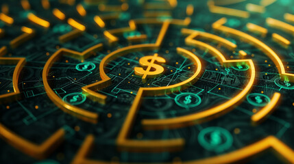 Close-up view of an financial decisions maze - currency symbols