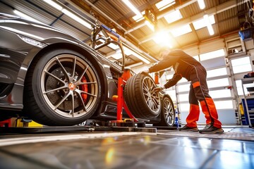 Expert auto mechanic in action, changing tires on a sports car with precision and care. The garage is equipped with natural lighting to ensure a clear view of the workspace. - obrazy, fototapety, plakaty