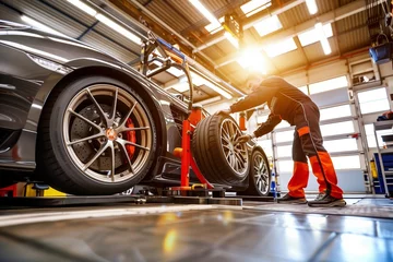 Ingelijste posters Expert auto mechanic in action, changing tires on a sports car with precision and care. The garage is equipped with natural lighting to ensure a clear view of the workspace. © Abdul