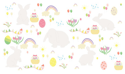 Easter bunny and eggs, spring flowers and rainbow. Vector illustration.