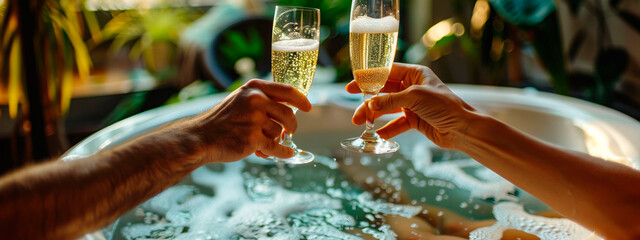 Lovers drink champagne in a jacuzzi. Selective focus.