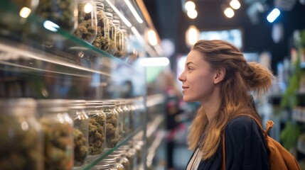 Fototapeta premium Curious young people in a cannabis shop