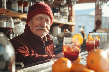 A man selling mulled wine. warming drink. Cocktail. hot tea. Winter. Europe - obrazy, fototapety, plakaty