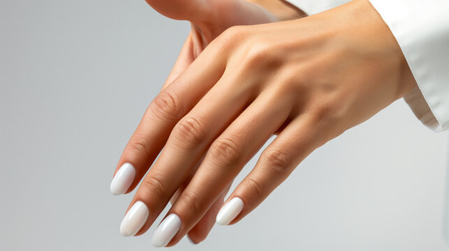 Well-groomed women's tanned hands with white manicure close-up