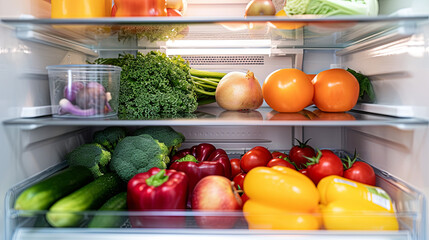 A refrigerator stocked with fresh vegetables and fruits on every shelf, promoting healthy nutrition