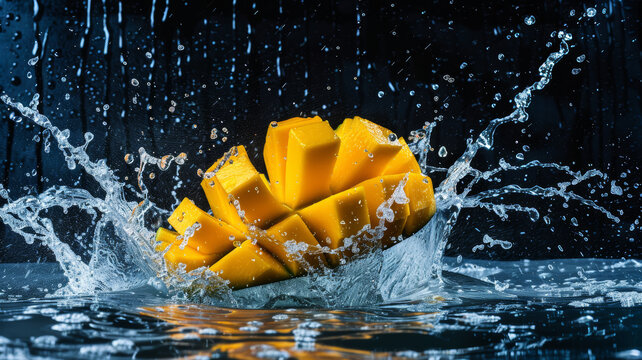 Energizing Fruit Splash, Ripe Mango in Refreshing Splash