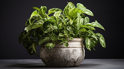Handmade ceramic pot featuring a thriving plant, green leaves contrasting against a dark background for a bold botanical statement. - Powered by Adobe
