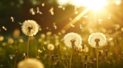 Spring field with dandelion and pollen flying in air in allergic season. - obrazy, fototapety, plakaty