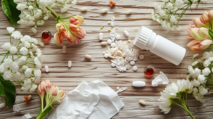 Flowers and allergy pill drug tablets on wooden board - obrazy, fototapety, plakaty