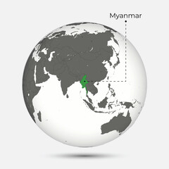 Map of Myanmar with Position on the Globe