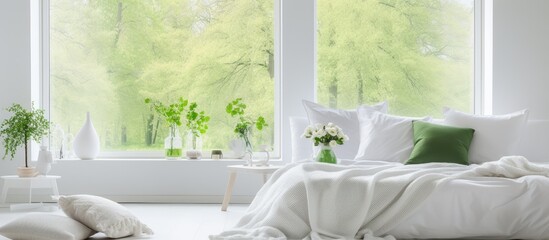 White bedroom with green view through window. Scandinavian interior decor.