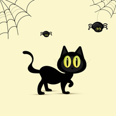 A black cat surrounded by spiders