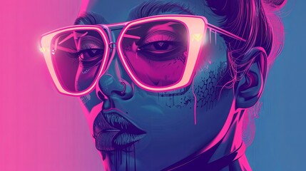 Portrait of a girl wearing glasses in neon style. Fashionable image for disco or other event. Illustration for cover, card, postcard, interior design, banner, poster, brochure or presentation. - 759134920