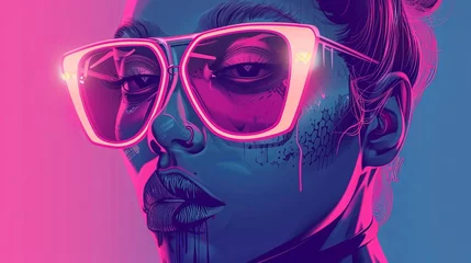 Poster Portrait of a girl wearing glasses in neon style. Fashionable image for disco or other event. Illustration for cover, card, postcard, interior design, banner, poster, brochure or presentation. © Login