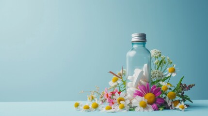 Flowers and allergy drug on plain background - obrazy, fototapety, plakaty