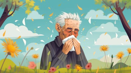 A person sneezing due to pollen allergy. - obrazy, fototapety, plakaty