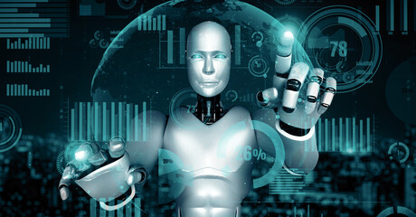 XAI 3d illustration Future financial technology controll by AI robot huminoid uses machine learning and artificial intelligence to analyze business data and give advice on investment and trading