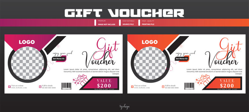 Food relative Gift Voucher template design for restaurant promotion item, Discount card or voucher fast food template design with linear pattern of food and drinks, 
