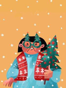cheerful major woman with christmas tree