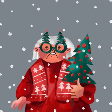 cheerful major woman with christmas tree