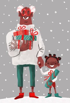 Black Senior with girl holding various holidays gifts