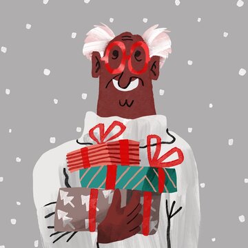 Senior in red glasses holding various holidays gifts
