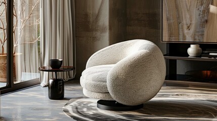 the chair is white and with black legs and a black base, in the style of circular shapes, finely...